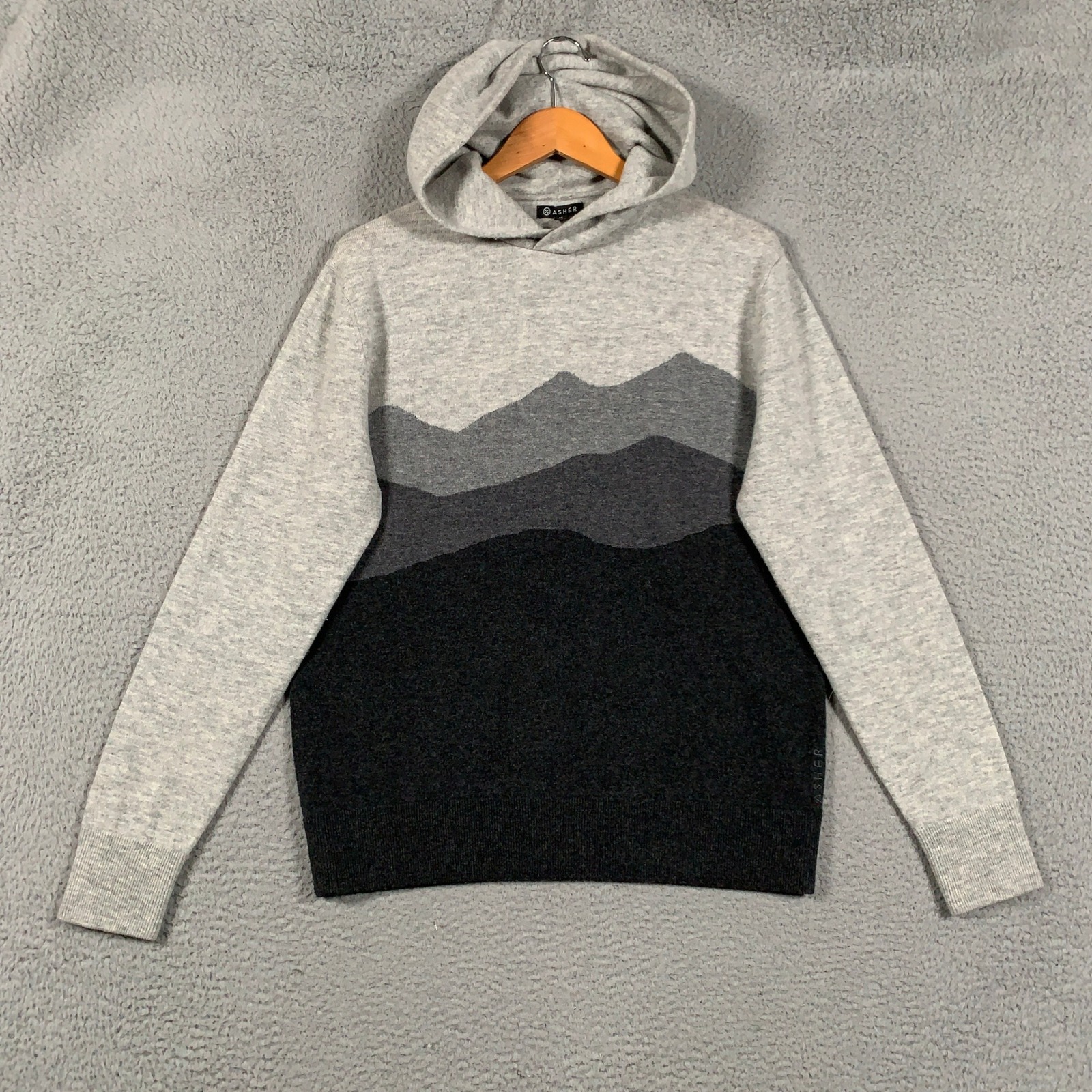 Asher Golf Sero Hoodie Men's Medium M Gray Wool Cashmere Intarsia Knit Mountains — image 3 of 8